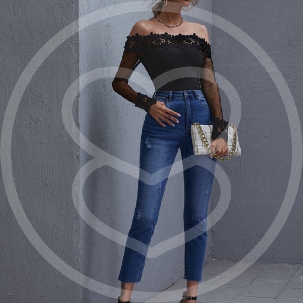 - black floral detail off shoulder long sleeve top - Picture 5 of 5